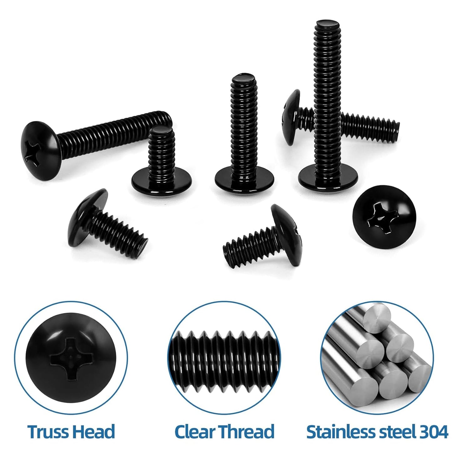 1/4"-20 x 1/2" Truss Head Machine Screws, Full Thread, 304 Stainless Steel Black Finish, 25 PCS V1258-DP02-E-111