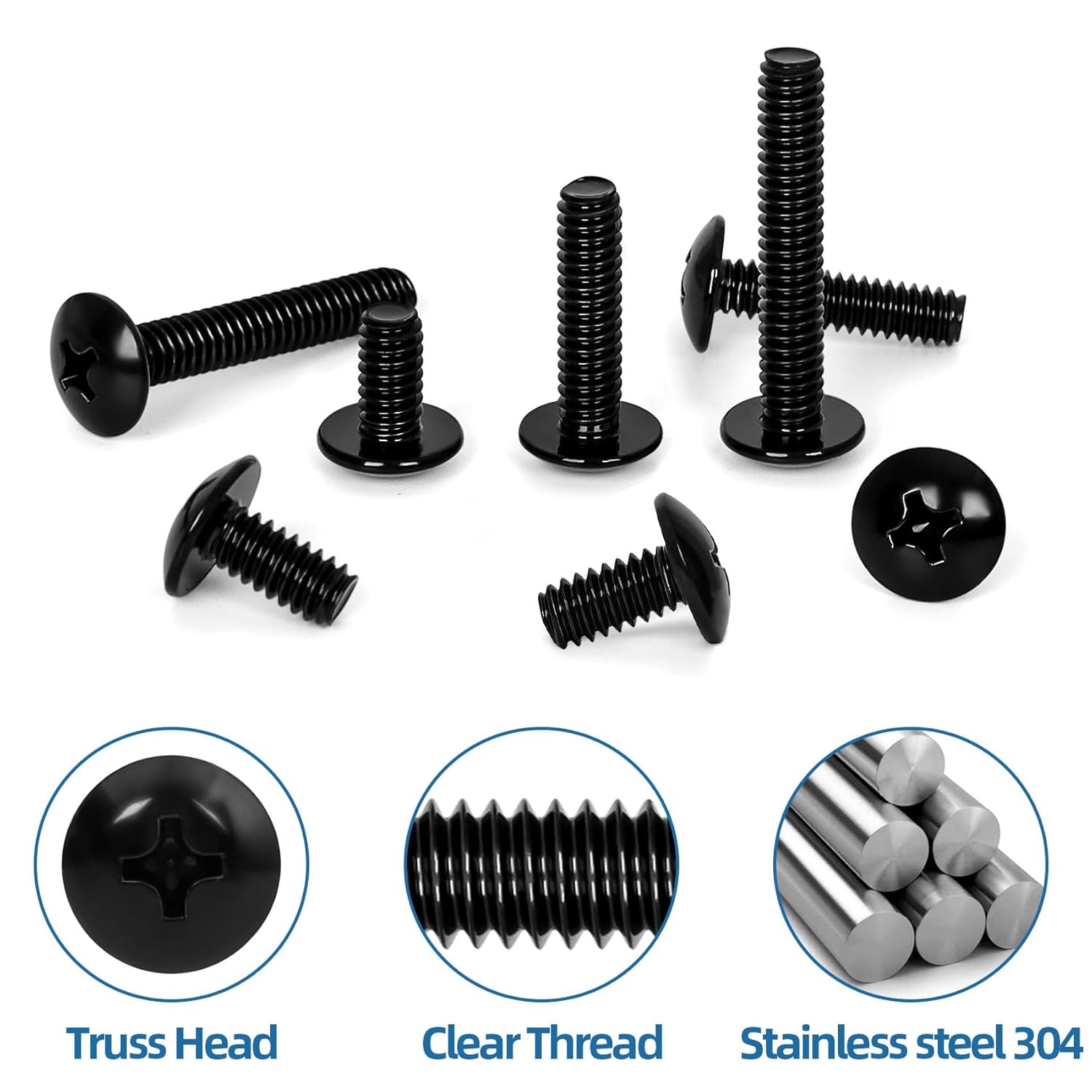 1/4"-20 x 1/2" Truss Head Machine Screws, Full Thread, 304 Stainless Steel Black Finish, 25 PCS V1258-DP02-E-111