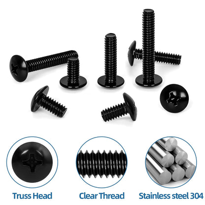 1/4"-20 x 1/2" Truss Head Machine Screws, Full Thread, 304 Stainless Steel Black Finish, 25 PCS V1258-DP02-E-111