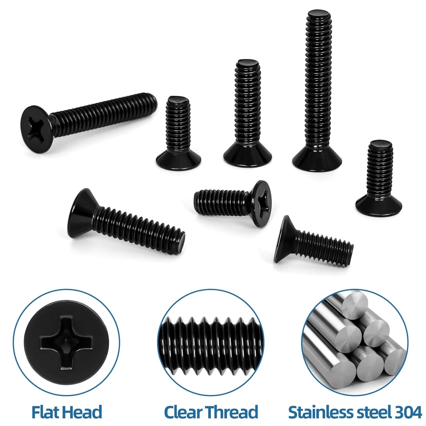 #8-32 x 1/2" Black Countersunk Flat Head Machine Screws, Electrical Outlet Screws, Full Thread, 304 Stainless V1258-DP02-E-114
