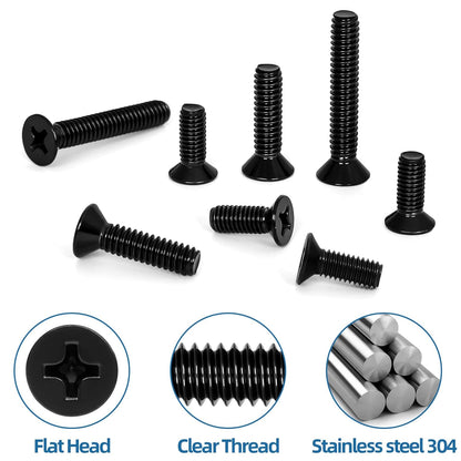 #8-32 x 1/2" Black Countersunk Flat Head Machine Screws, Electrical Outlet Screws, Full Thread, 304 Stainless V1258-DP02-E-114