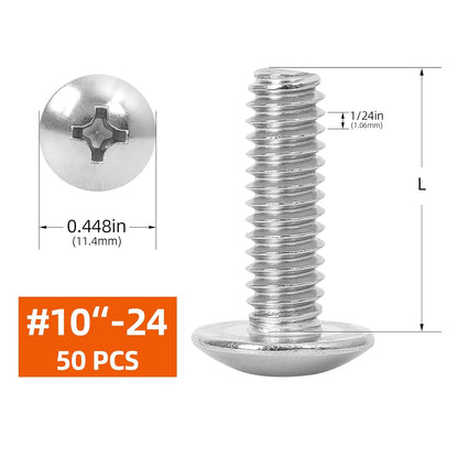 #10-24 x 1-1/2" Truss Head Bolts Machine Screws, Full Thread, 304 Stainless Steel, 50 PCS V1258-DP02-E-120