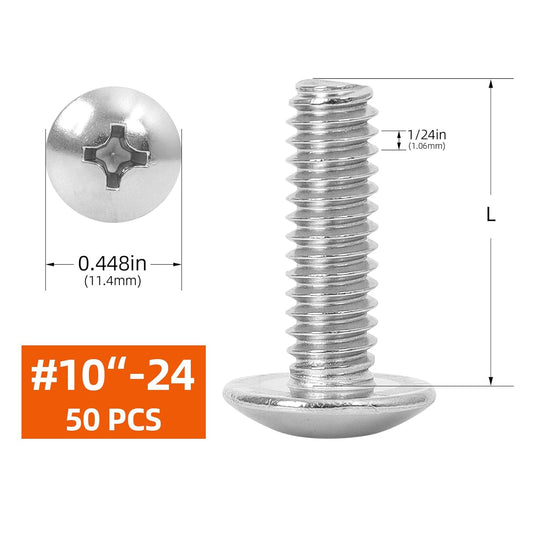 #10-24 x 1-1/2" Truss Head Bolts Machine Screws, Full Thread, 304 Stainless Steel, 50 PCS V1258-DP02-E-120