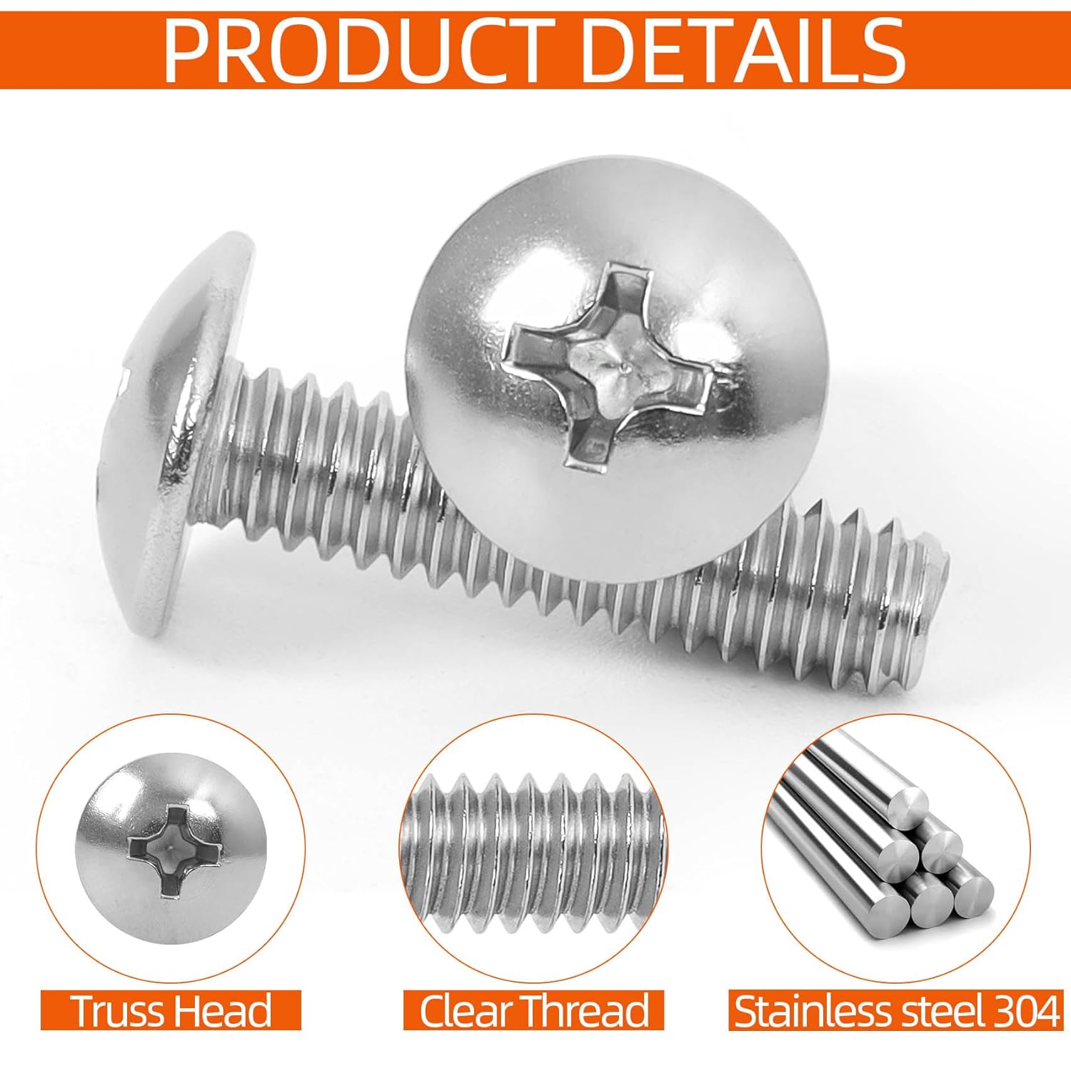#10-24 x 1-1/2" Truss Head Bolts Machine Screws, Full Thread, 304 Stainless Steel, 50 PCS V1258-DP02-E-120