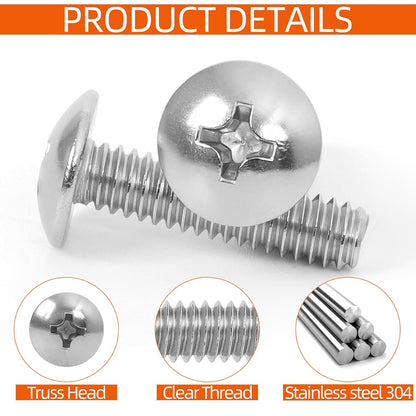 #10-24 x 1-1/2" Truss Head Bolts Machine Screws, Full Thread, 304 Stainless Steel, 50 PCS V1258-DP02-E-120