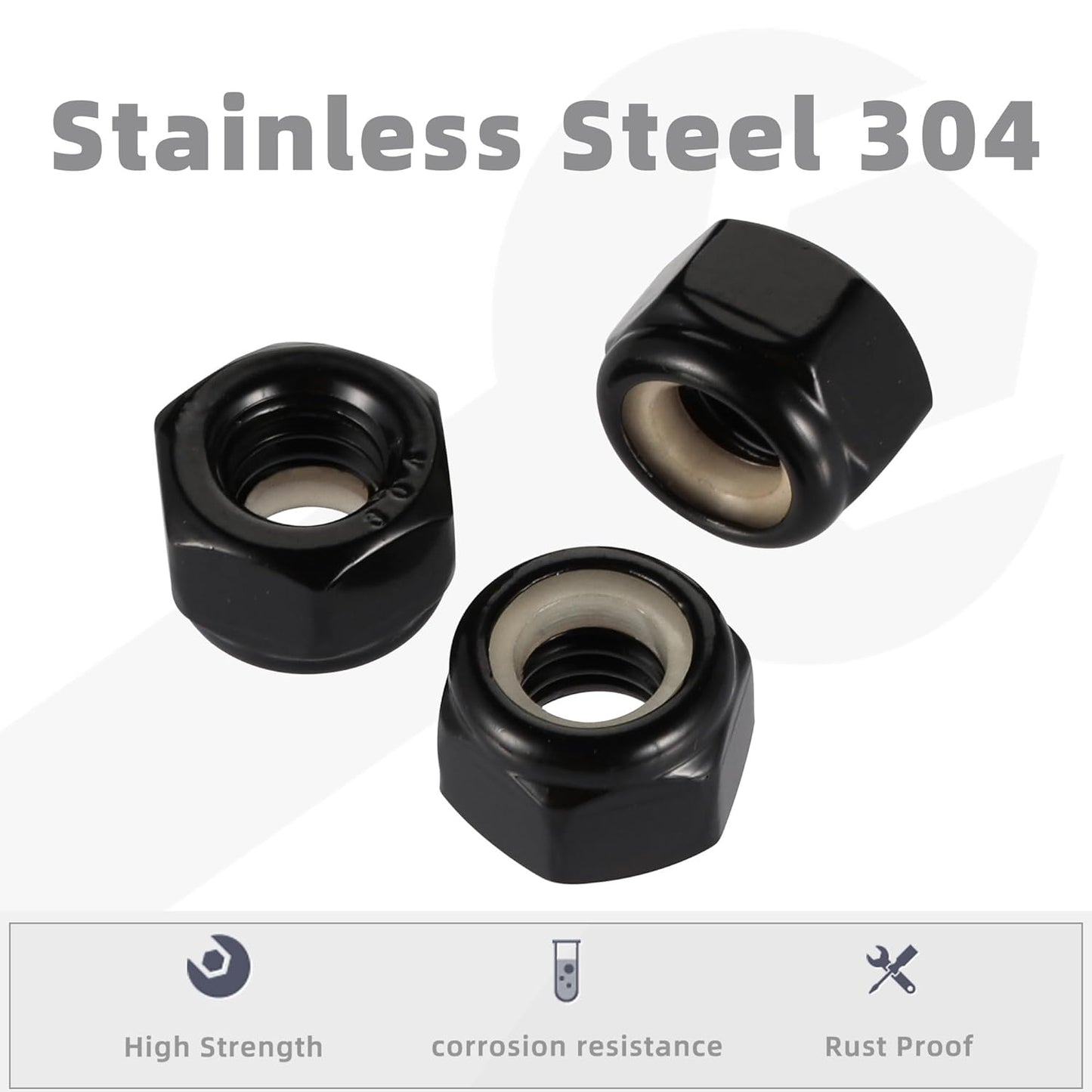 #8-32 Nylon Insert Hex Lock Nut Stainless Locknuts, 304 Stainless Steel 18-8 Black Finish, Pack of 50 V1258-DP02-E-121