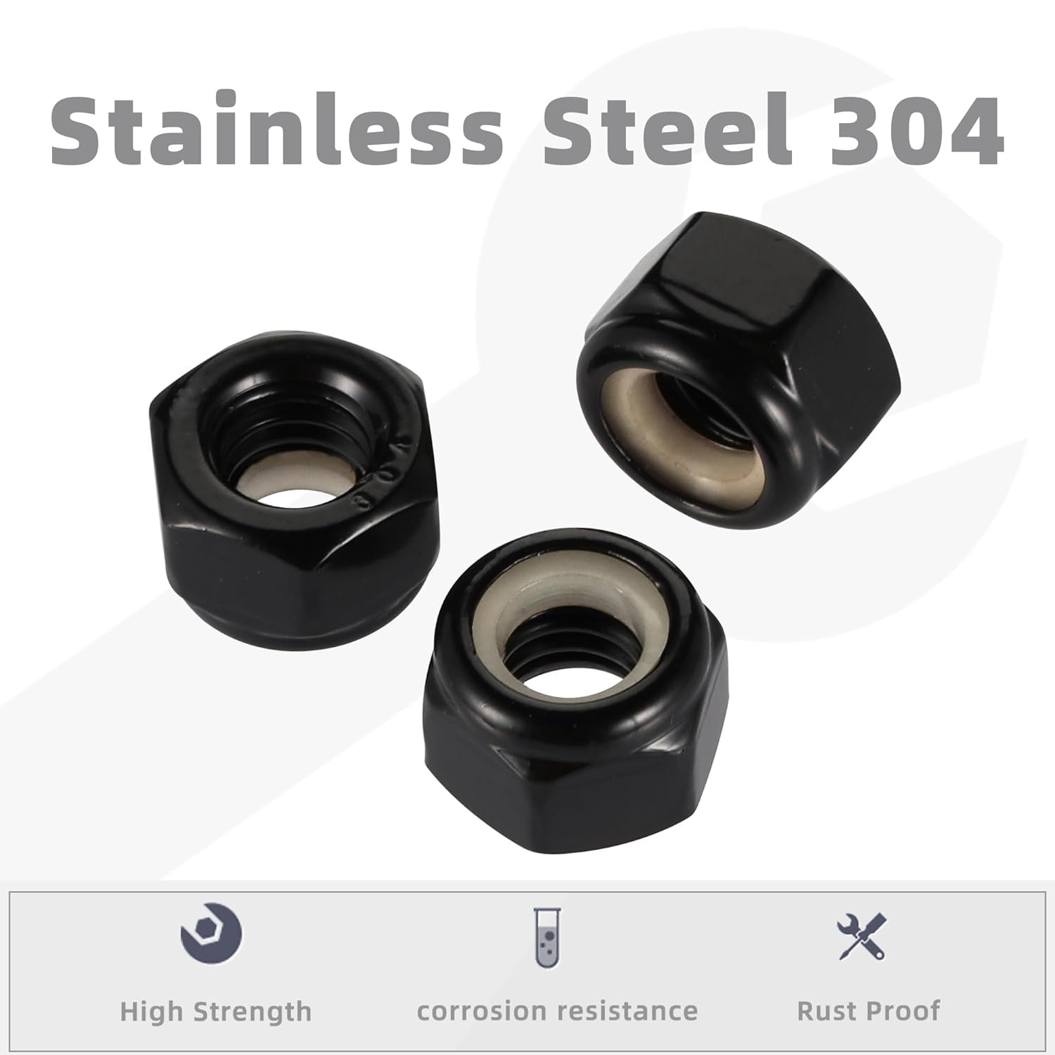 #8-32 Nylon Insert Hex Lock Nut Stainless Locknuts, 304 Stainless Steel 18-8 Black Finish, Pack of 50 V1258-DP02-E-121