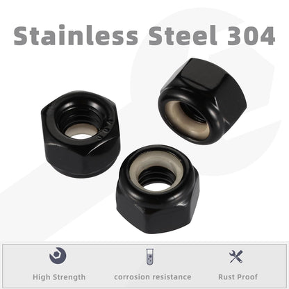 #8-32 Nylon Insert Hex Lock Nut Stainless Locknuts, 304 Stainless Steel 18-8 Black Finish, Pack of 50 V1258-DP02-E-121