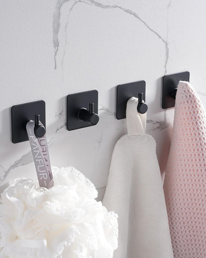 4 Pack Adhesive Hooks, Black Towel Hook for Bathrooms, Heavy Duty Stainless Steel Wall Hook, Waterproof Stick V1258-DP02-E-129