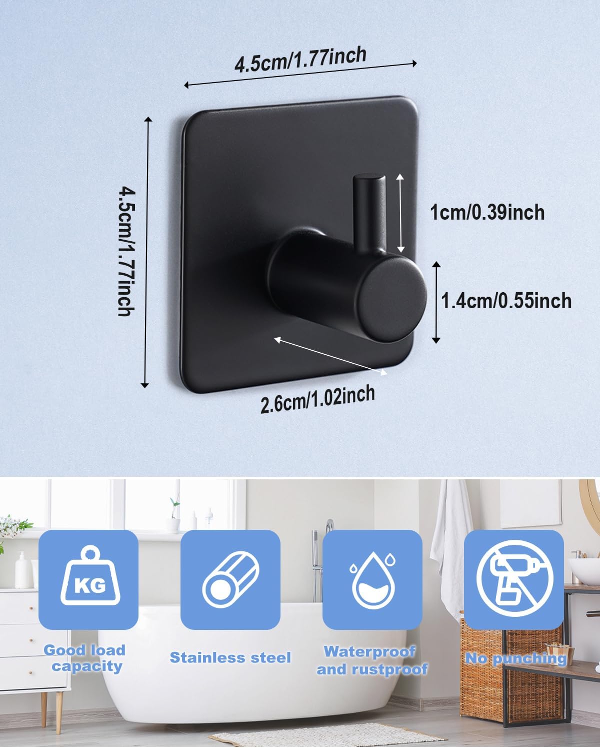 4 Pack Adhesive Hooks, Black Towel Hook for Bathrooms, Heavy Duty Stainless Steel Wall Hook, Waterproof Stick V1258-DP02-E-129