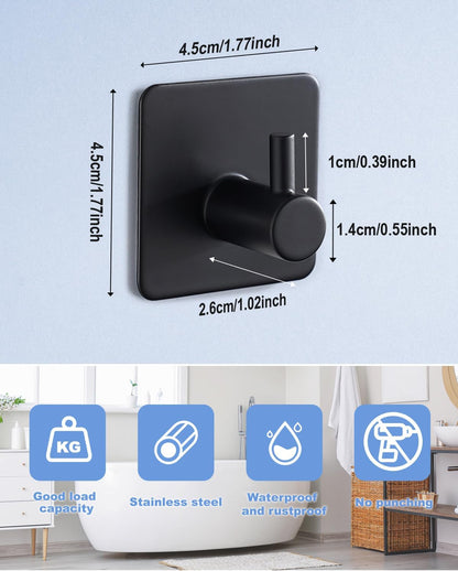 4 Pack Adhesive Hooks, Black Towel Hook for Bathrooms, Heavy Duty Stainless Steel Wall Hook, Waterproof Stick V1258-DP02-E-129