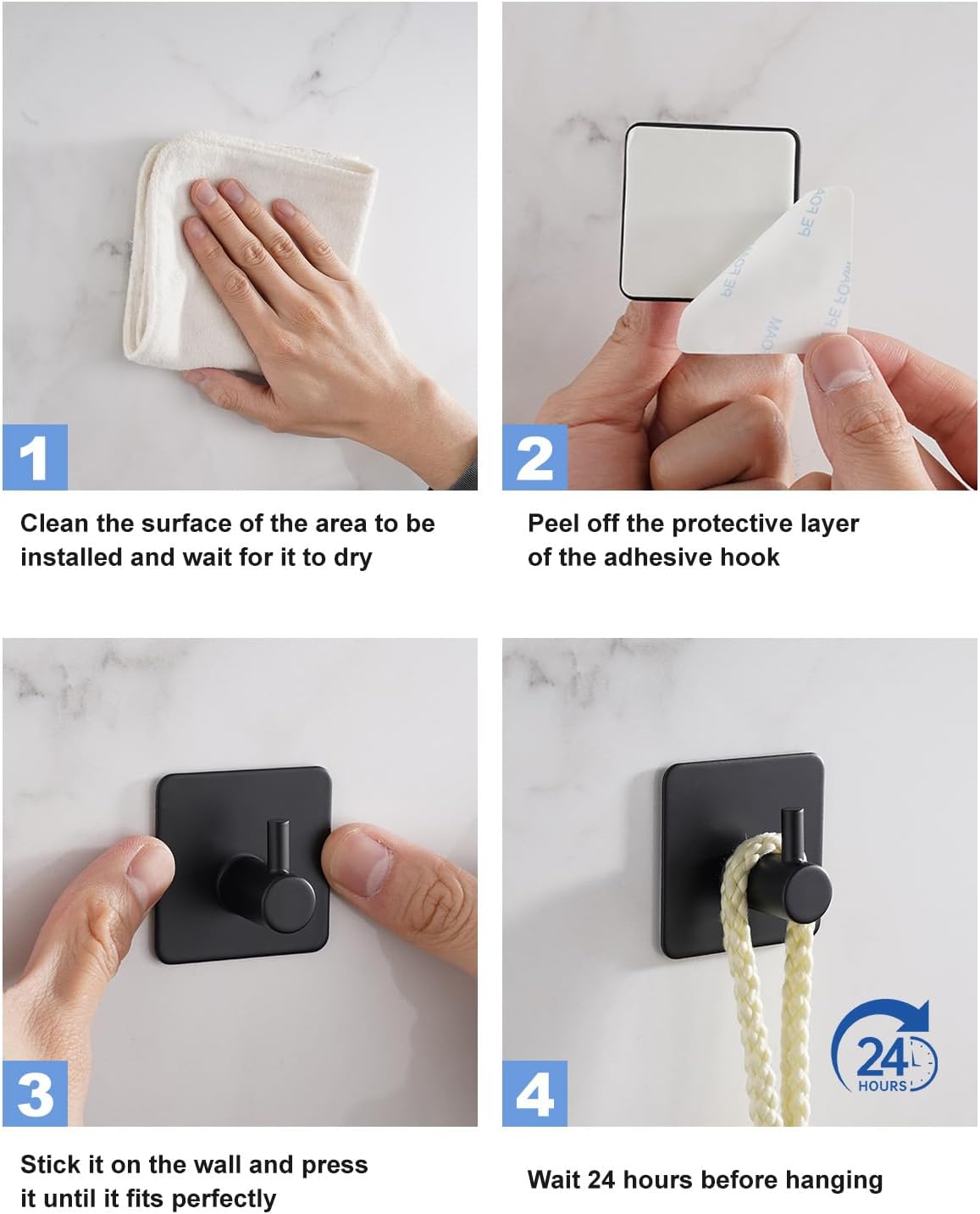 4 Pack Adhesive Hooks, Black Towel Hook for Bathrooms, Heavy Duty Stainless Steel Wall Hook, Waterproof Stick V1258-DP02-E-129