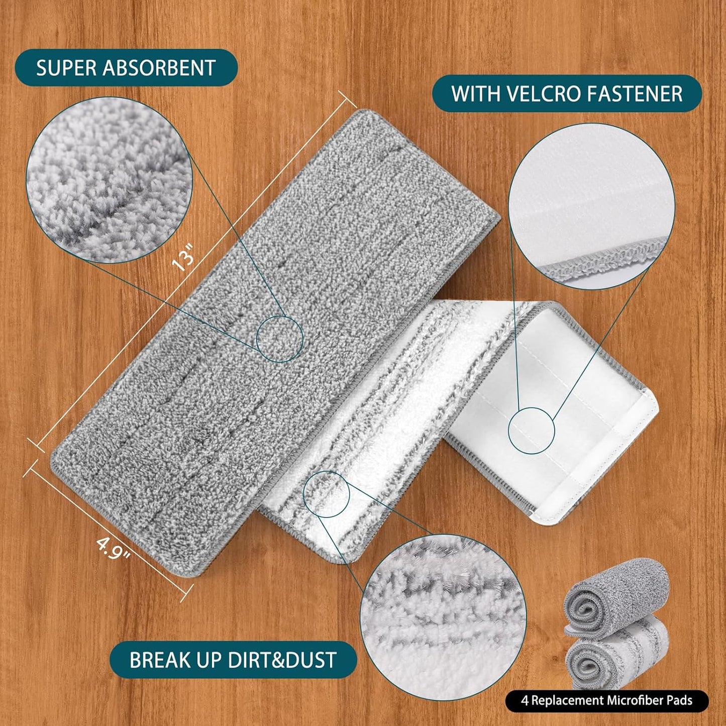 4 Pack Mop Replacement Pads Compatible with Joymoop Flat Mop or Mop Bucket Set - Microfiber Flat Mop Pads for V1258-DP02-E-149