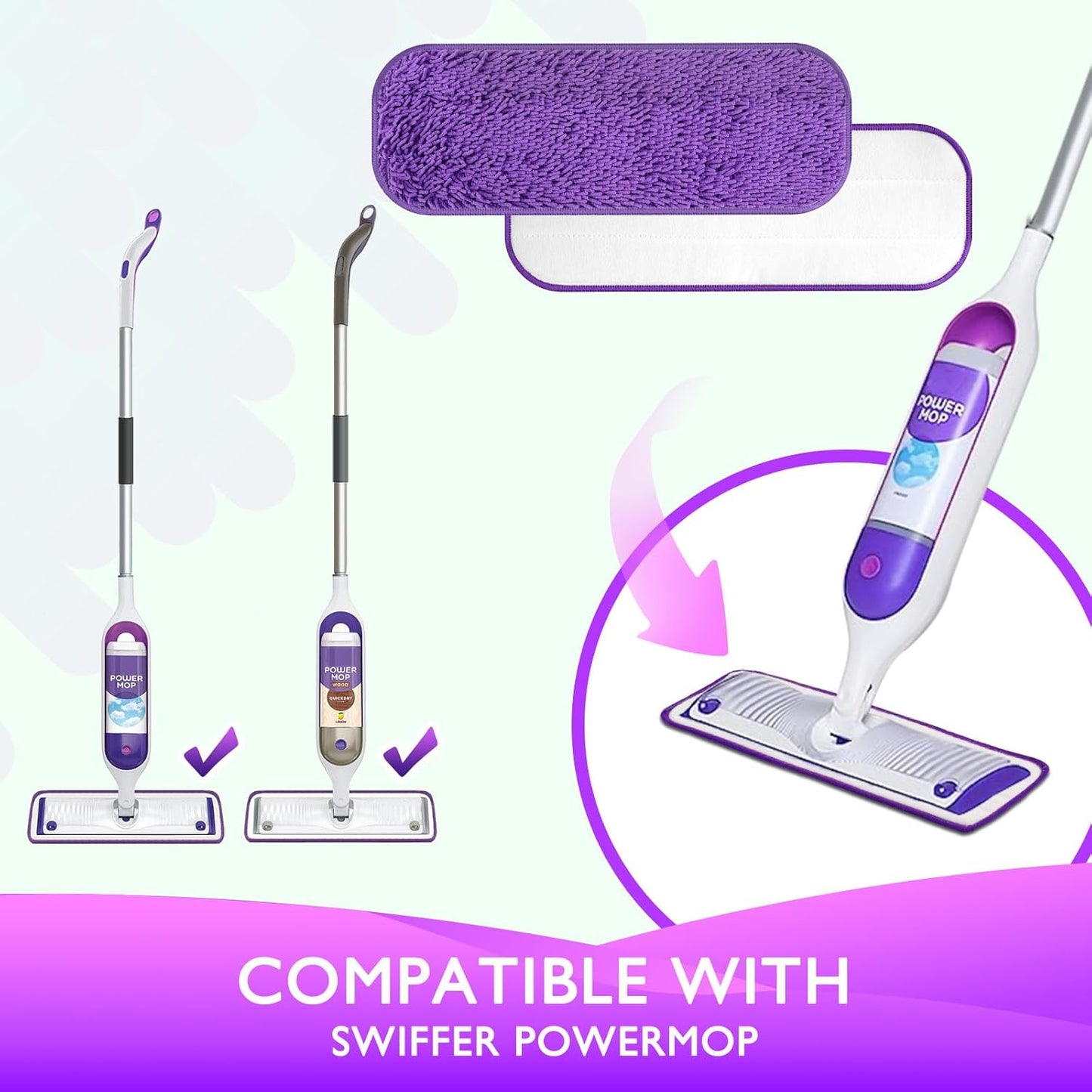 Reusable Power Mop Refill Pads for Swiffer Power Mop Starter Kit - Swifter Powermop Pads Refills - V1258-DP02-E-155