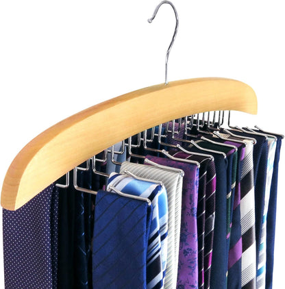 HANGERWORLD Hanging Tie Holder Organizer Rack - Premium Wooden Tie Hanger with 24 Folding Accessory Hooks for V1258-DP02-E-184
