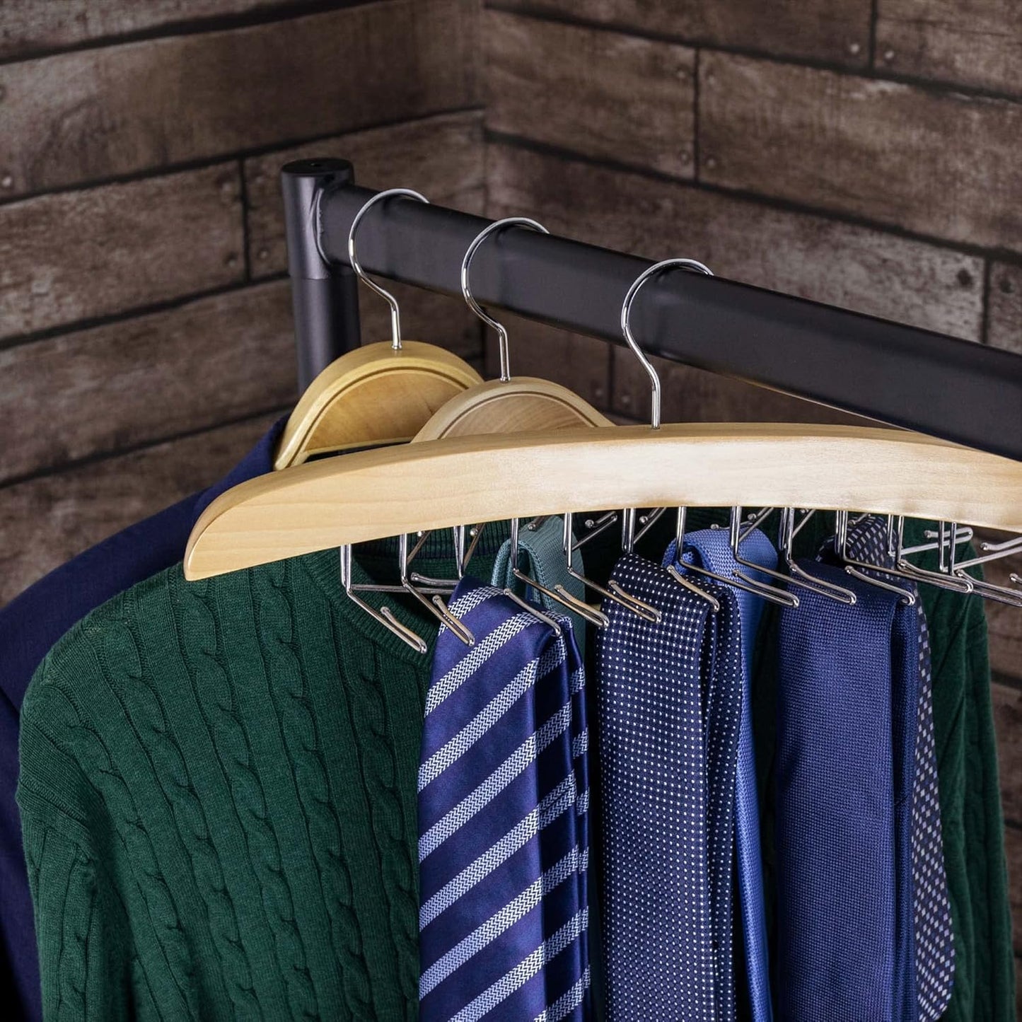 HANGERWORLD Hanging Tie Holder Organizer Rack - Premium Wooden Tie Hanger with 24 Folding Accessory Hooks for V1258-DP02-E-184