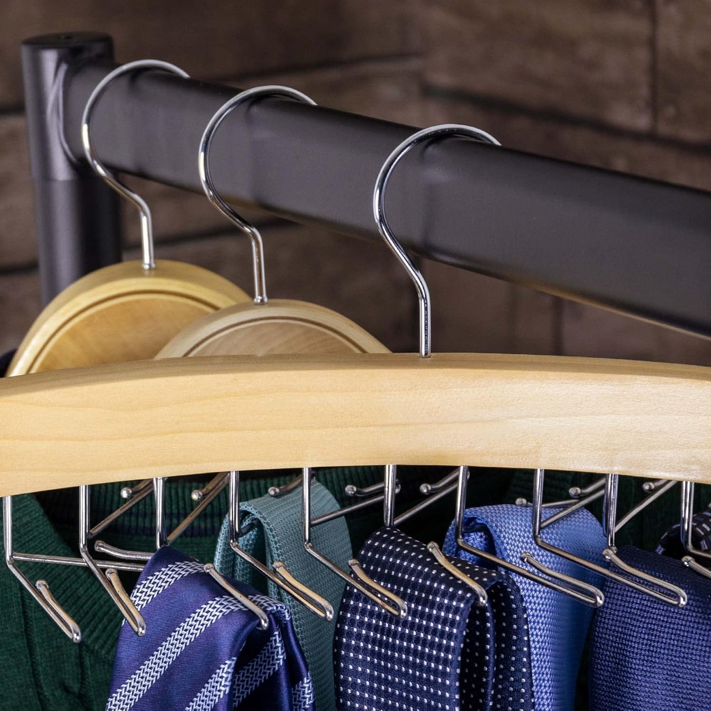HANGERWORLD Hanging Tie Holder Organizer Rack - Premium Wooden Tie Hanger with 24 Folding Accessory Hooks for V1258-DP02-E-184