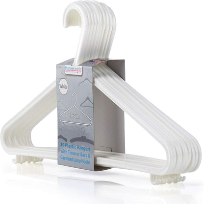 HANGERWORLD White Plastic Hangers 10 Pack - 14inch No Shoulder Bump, Slim Space-Saving Hanger V1258-DP02-E-186