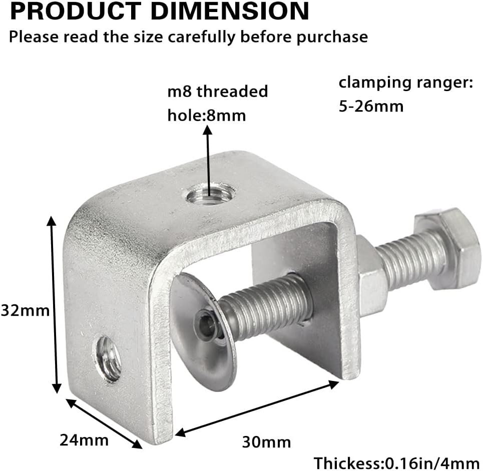 4pcs Heavy Duty Stainless Steel C-Clamp, 30MM Wide Jaw Openings, 0-25MM Clamping Range, M8 Threaded Hole, V1258-DP02-E-232
