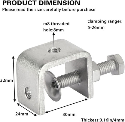 4pcs Heavy Duty Stainless Steel C-Clamp, 30MM Wide Jaw Openings, 0-25MM Clamping Range, M8 Threaded Hole, V1258-DP02-E-232