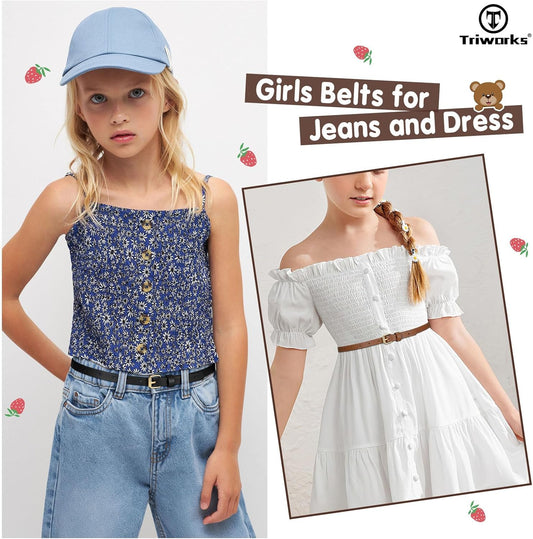 4 Pack Girls Skinny Leather Belts for Jeans Dress Thin Waist Belts for Girl with Gold Buckle V1258-DP02-E-277