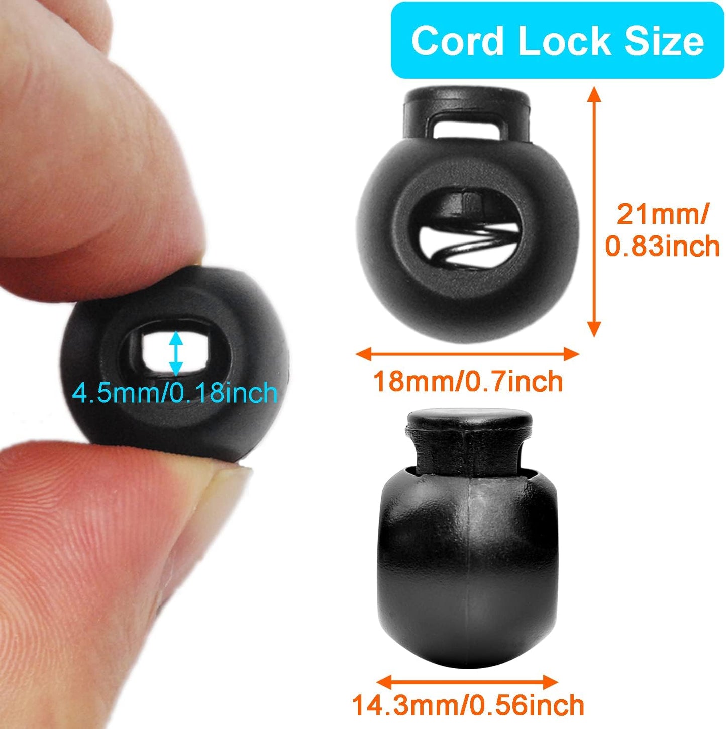 CooBigo 50Pack Single Hole Round Plastic Cord Locks, Spring Toggle Stopper for Drawstring Paracord Elastic V1258-DP02-E-28