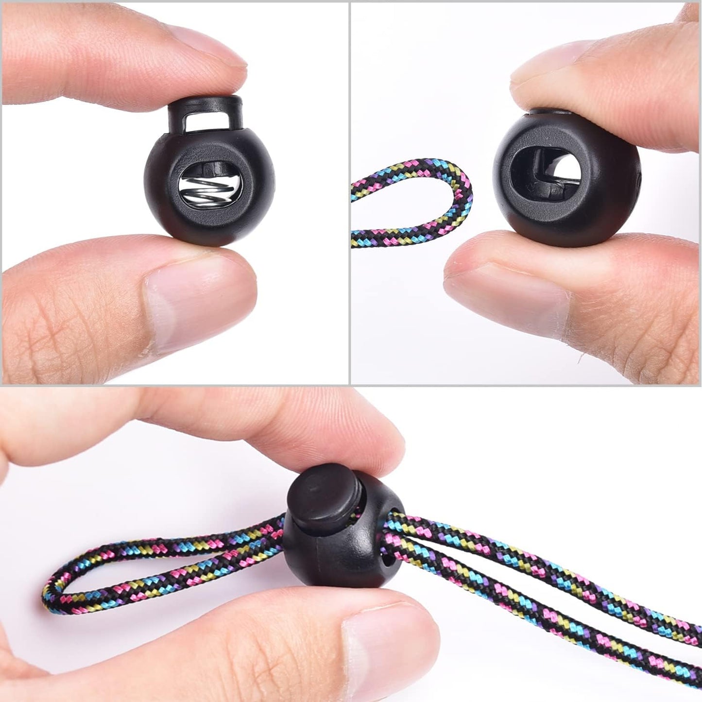 CooBigo 50Pack Single Hole Round Plastic Cord Locks, Spring Toggle Stopper for Drawstring Paracord Elastic V1258-DP02-E-28