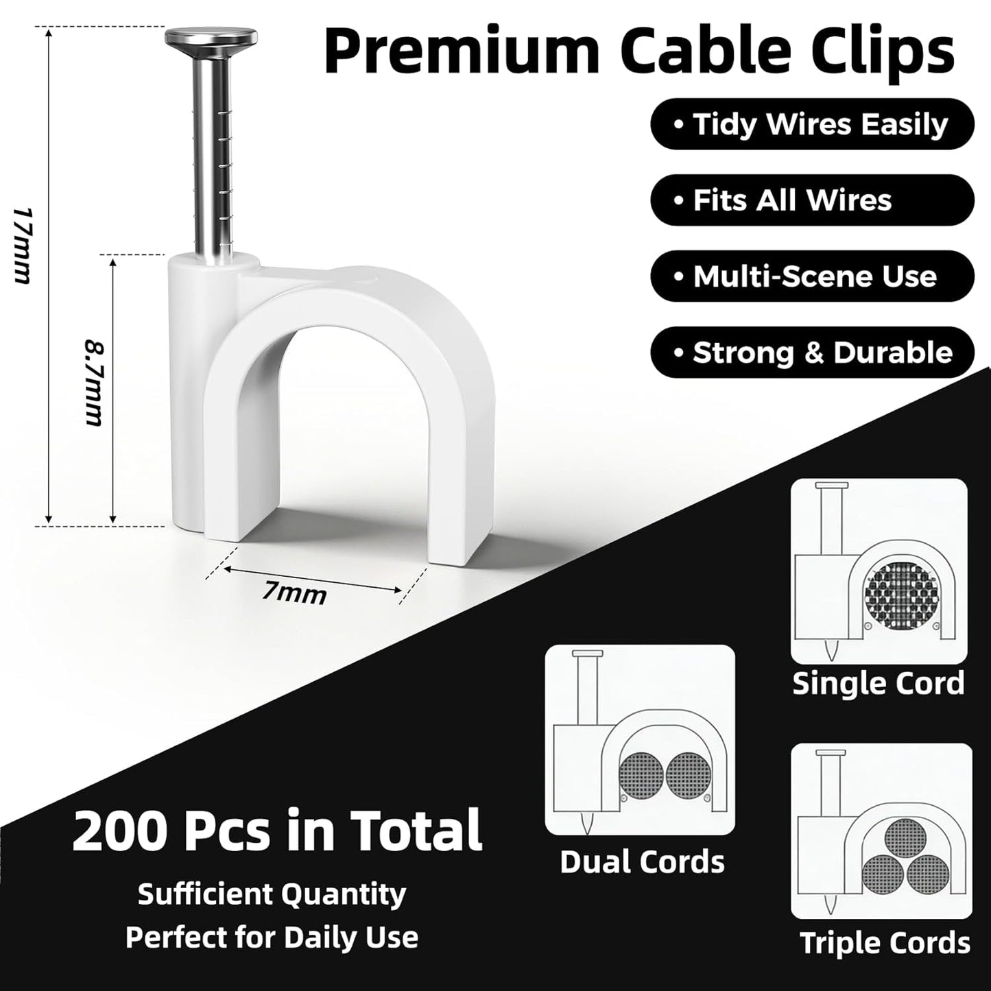 200 Pcs Cable Clips Nail in, Cord Clips Ethernet Cables Wire Wall Clips Cable Straps Cables Tacks Cable Nails V1258-DP02-E-310