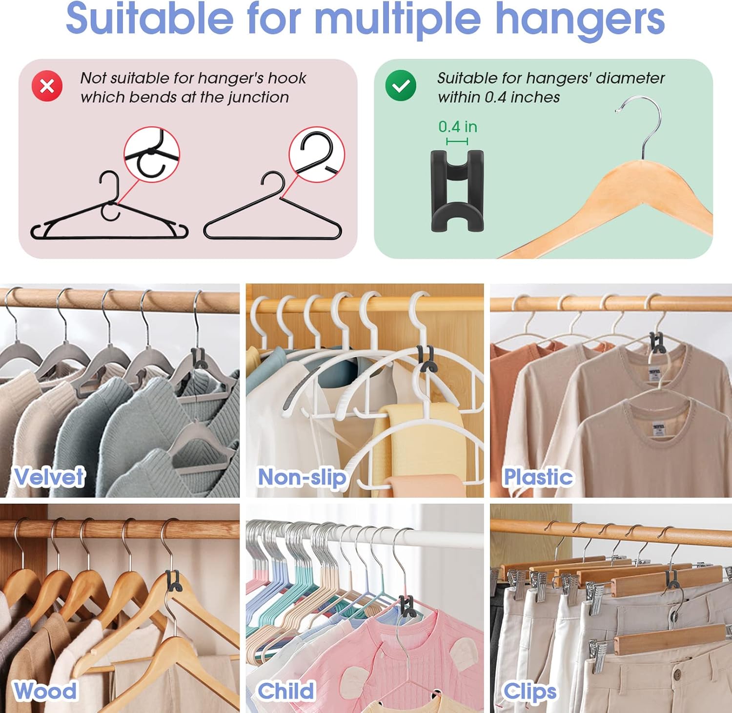 100Pcs Space Saving Hanger Hooks, Plastic Clothes Hanger Connector Hooks, Heavy Duty Space Saver Hanger V1258-DP02-E-312