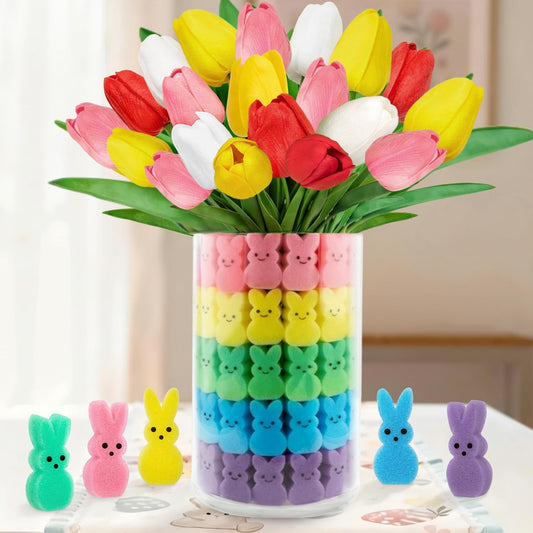 75Pcs Easter Decorations Set with 15Pcs Artificial Tulips and 60Pcs Sponge Bunnies Peeps Vase Filler, Spring V1258-DP02-E-317