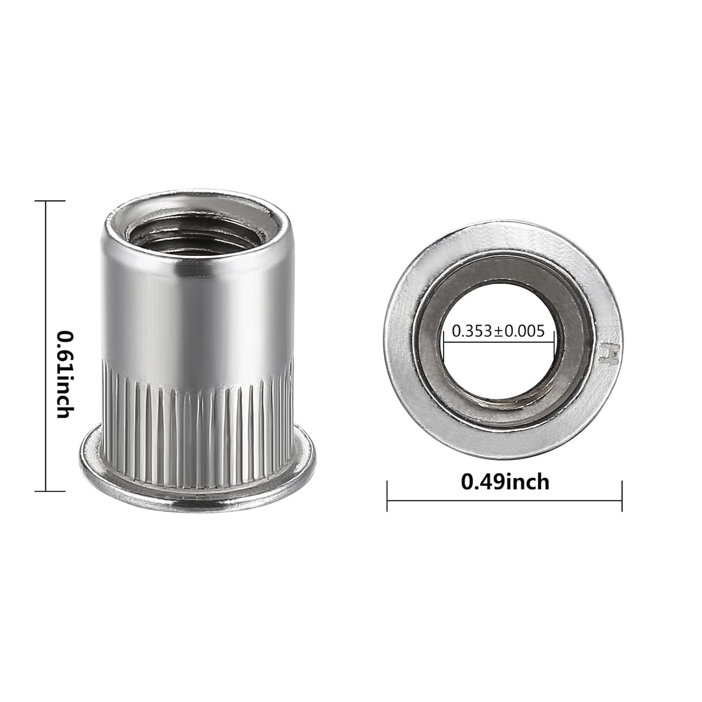 Rivet Nut 1/4"-20UNC 100Pcs Stainless Steel 304 Finish Flat Head Rivnut Threaded Insert Nut Knurled Body V1258-DP02-E-321