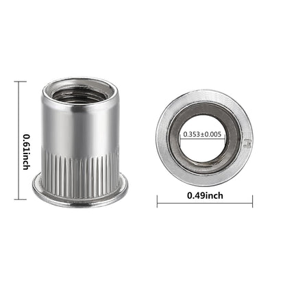 Rivet Nut 1/4"-20UNC 100Pcs Stainless Steel 304 Finish Flat Head Rivnut Threaded Insert Nut Knurled Body V1258-DP02-E-321