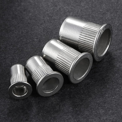 Rivet Nut 1/4"-20UNC 100Pcs Stainless Steel 304 Finish Flat Head Rivnut Threaded Insert Nut Knurled Body V1258-DP02-E-321