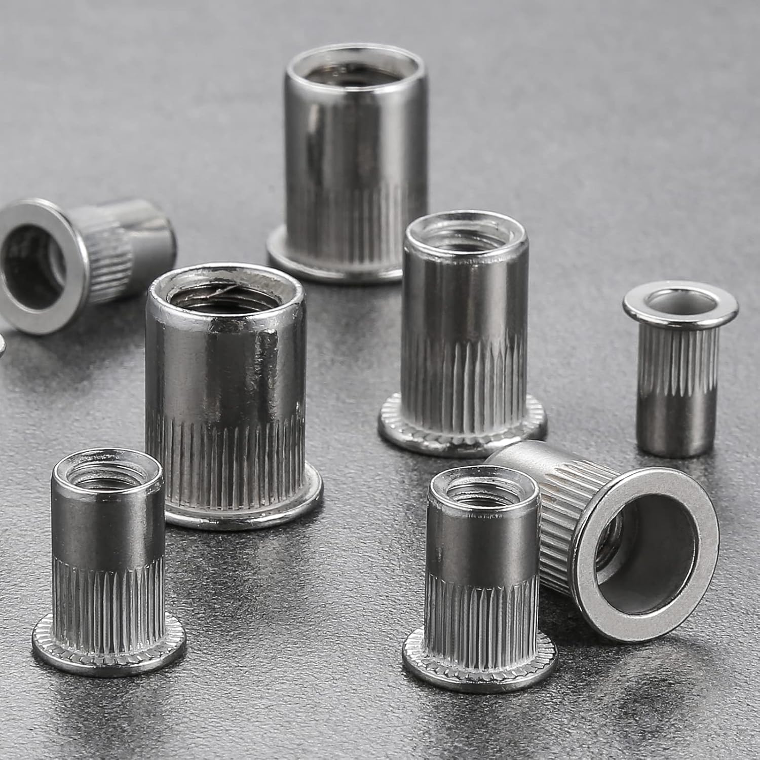 Rivet Nut 1/4"-20UNC 100Pcs Stainless Steel 304 Finish Flat Head Rivnut Threaded Insert Nut Knurled Body V1258-DP02-E-321