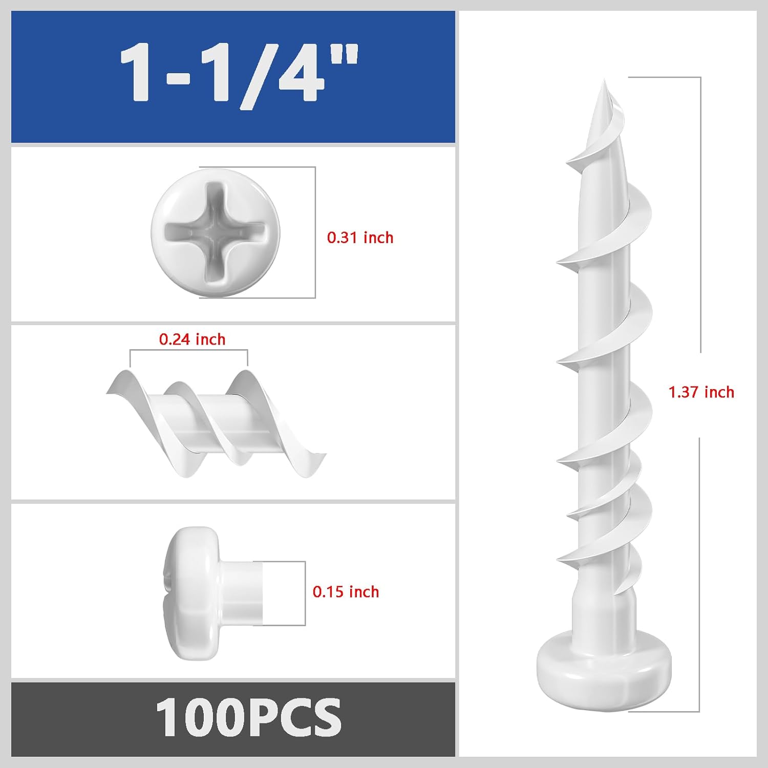 (100 pcs) Pan Head Drywall Anchors 1-1/4" White Anti Rt Coating, Bolt Anchor, Duty Hollow Wall Anchors V1258-DP02-E-323