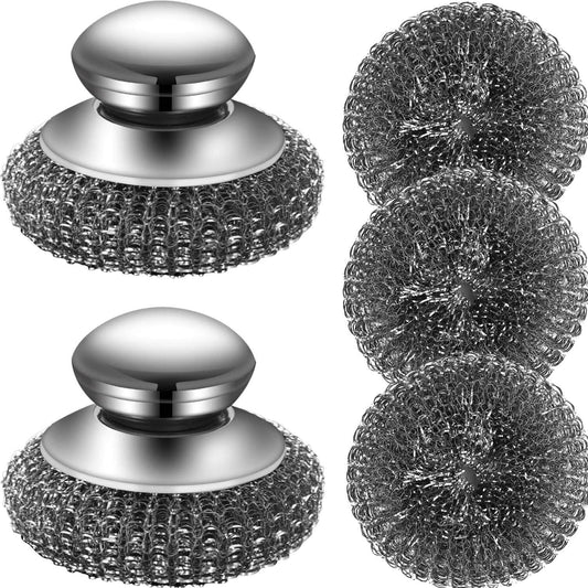 Steel Wool Scrubber with 2 Handles & 3 Replacement Wire Sponge(Scouring Pads) - Stainless Metal Cleaner Heavy V1258-DP02-E-325