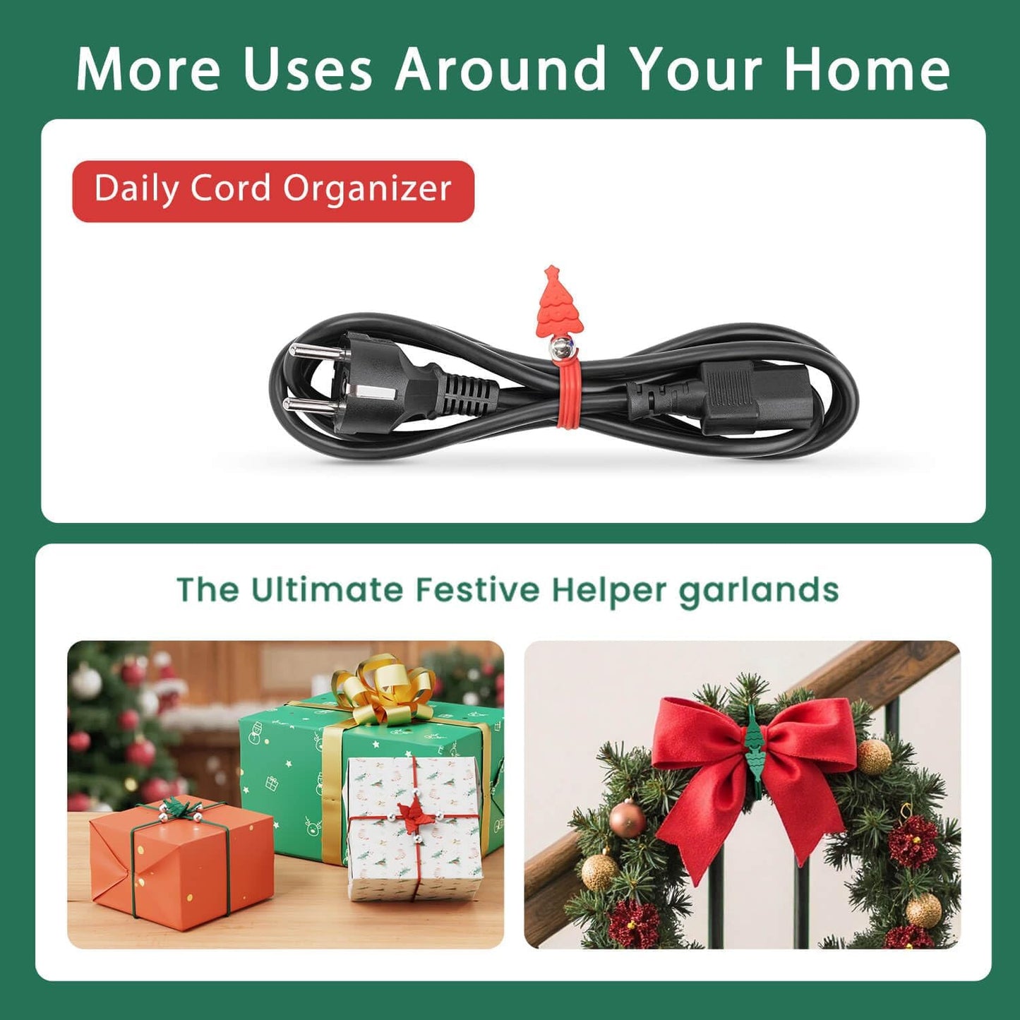 Christmas Ornament Hooks Green Tree Hanger - 20 PCS Reable Silicone Clips, Cable Ties, Cord Organizers for V1258-DP02-E-326