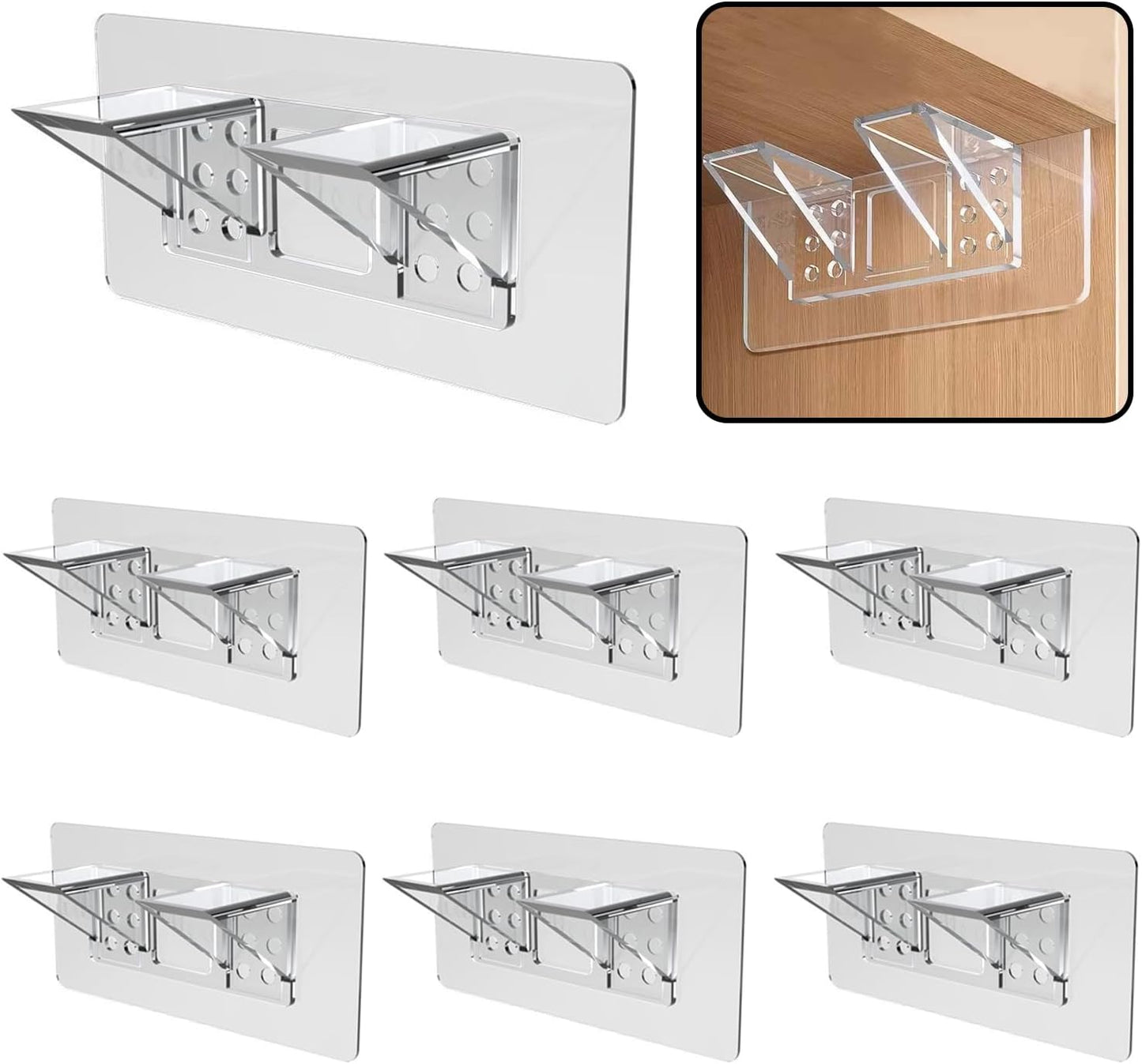 6-Pack Heavy-Duty Adhesive Shelf Brackets, Large Size Double Row Brackets, No-Drill Wall Mount Pegs,Shelf V1258-DP02-E-341