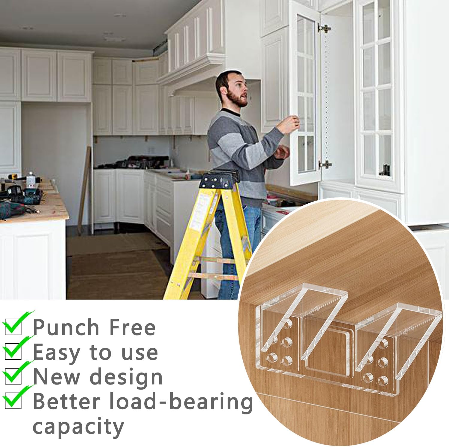 6-Pack Heavy-Duty Adhesive Shelf Brackets, Large Size Double Row Brackets, No-Drill Wall Mount Pegs,Shelf V1258-DP02-E-341