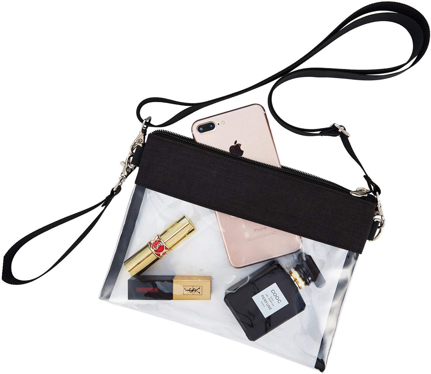 Clear Crossbody Purse Bag - Stadium Approved Clear Tote Bag with Adjtable Shoulder Strap (Black) V1258-DP02-E-357