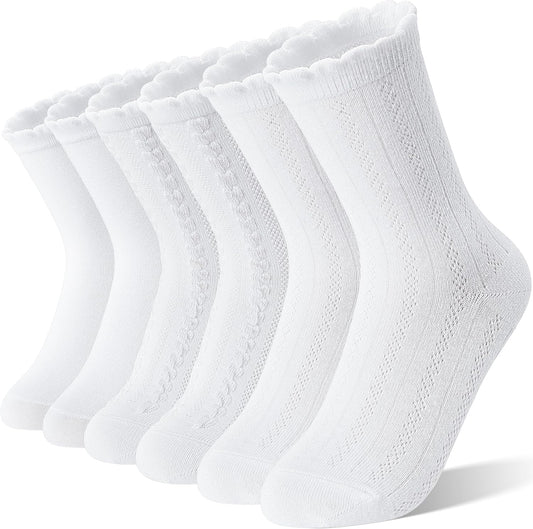 Girls Kids Ruffle Socks Uniform School Dress Crew Cotton Textured Breathable Socks 6 Pairs V1258-DP02-E-377