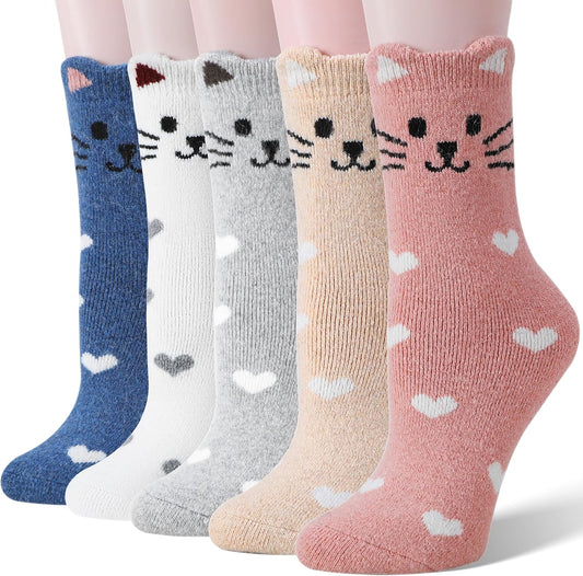 Merino Wool Cat Socks for Women Thermal Winter Warm Thick Cute Fun Cozy Crew Socks 5 Pairs V1258-DP02-E-383