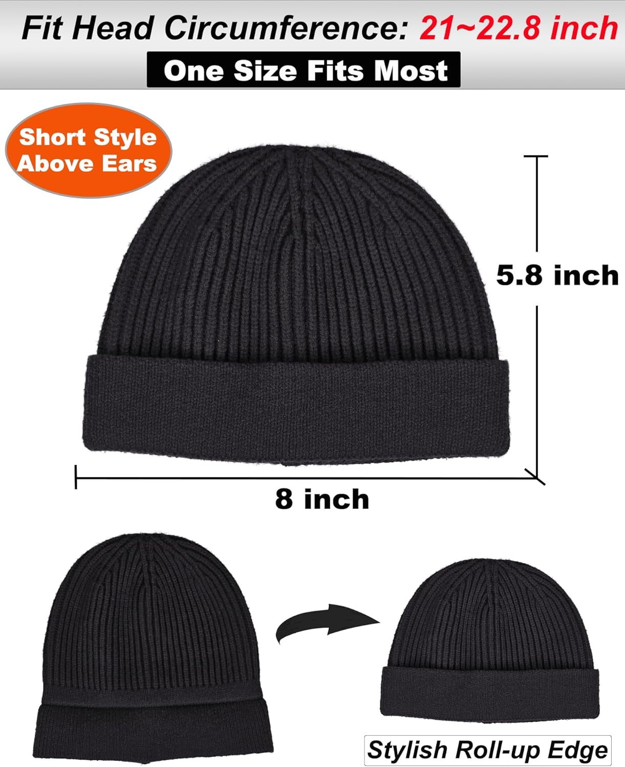 Thin Wool Fisherman Beanie for Men Women, Short Knit Cuff Trawler Watch Hats V1258-DP02-E-411