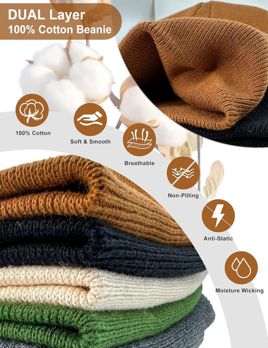 100% Cotton Beanie Hat for Men Women - Soft Unisex Winter Knit Skull Cap, Stretch Fashion Fisherman Beanie, V1258-DP02-E-419
