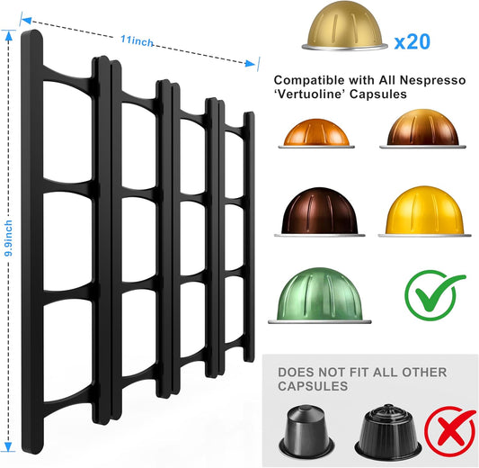 Coffee Pod Holder Compatible with Nespresso VertuoLine Capsules - 20-Pod Space-Saving Organizer for Wall, V1258-DP02-E-432