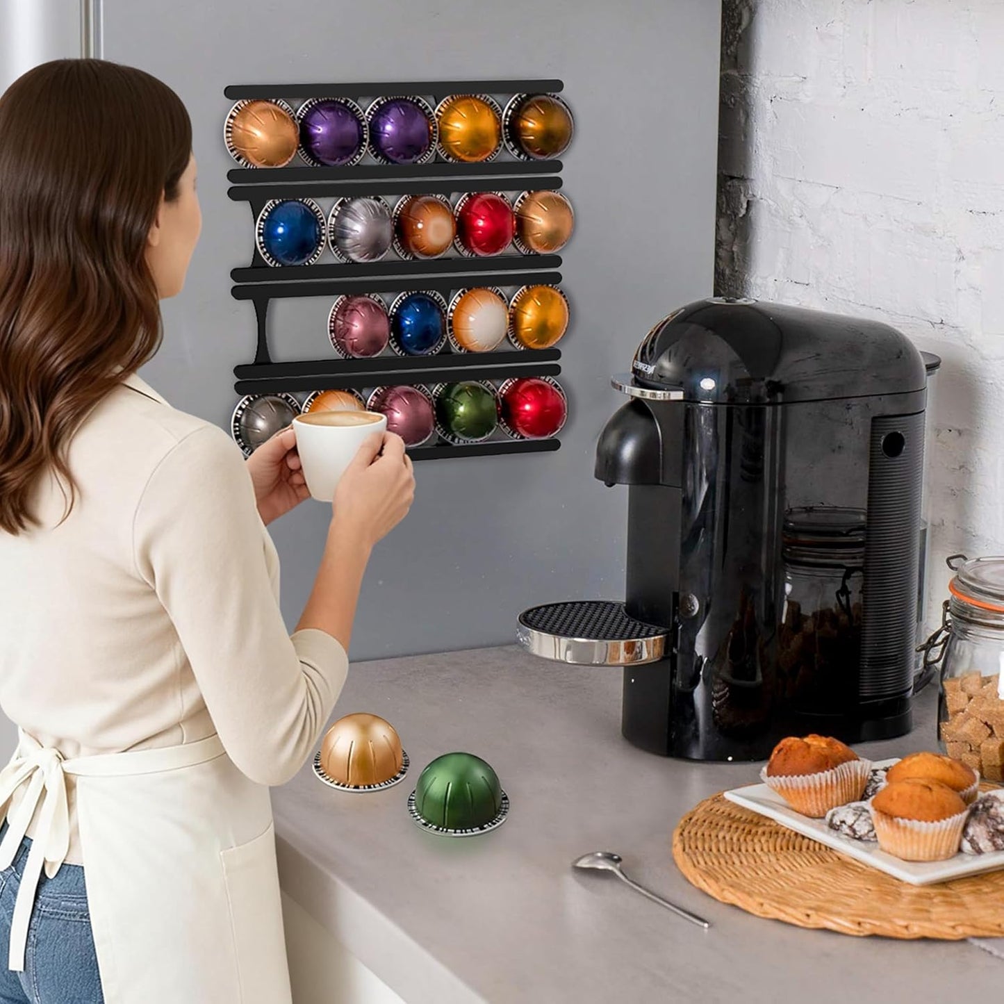 Coffee Pod Holder Compatible with Nespresso VertuoLine Capsules - 20-Pod Space-Saving Organizer for Wall, V1258-DP02-E-432