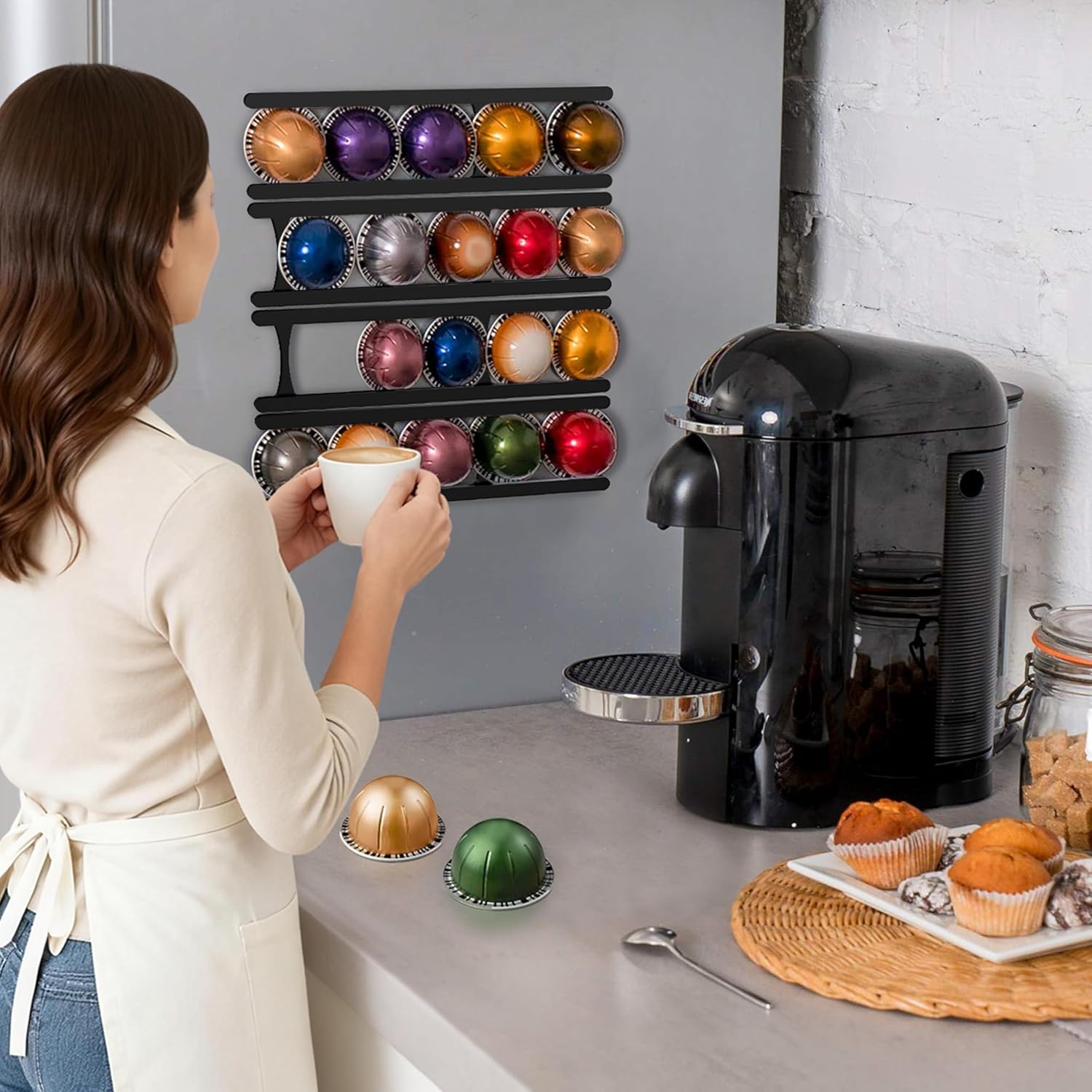 Coffee Pod Holder Compatible with Nespresso VertuoLine Capsules - 20-Pod Space-Saving Organizer for Wall, V1258-DP02-E-432