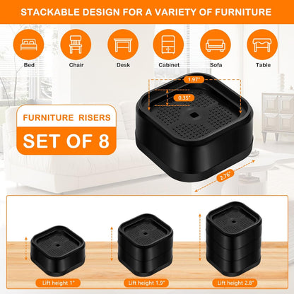 8 Pack Furniture Risers Adjtable Bed Risers Heavy Duty Lifts Height 1", Square Stackable Bed Risers 1, 2 or 3 V1258-DP02-E-465
