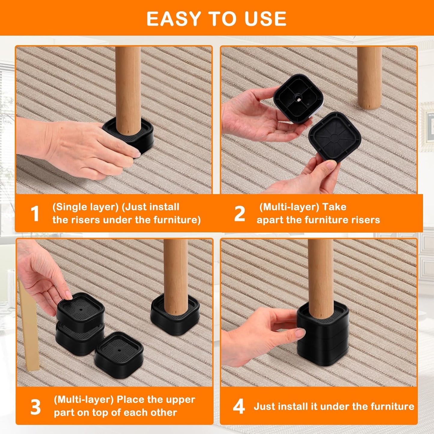 8 Pack Furniture Risers Adjtable Bed Risers Heavy Duty Lifts Height 1", Square Stackable Bed Risers 1, 2 or 3 V1258-DP02-E-465