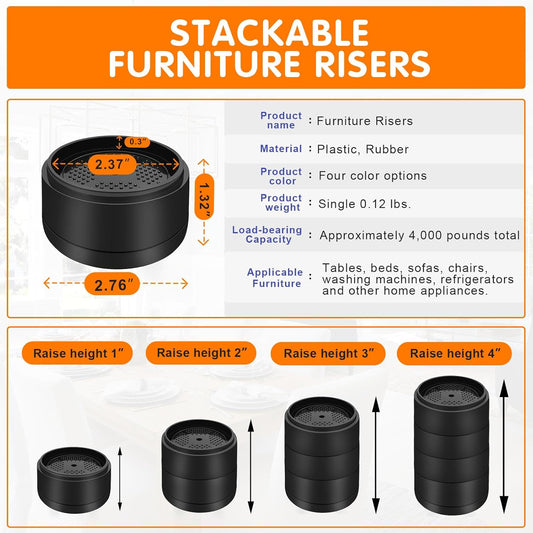 Furniture Risers Bed Risers Heavy Duty 1 inch, 2 inch, 3 inch, 4 inch Round Adjtable Bed Lifts Riser for Desk V1258-DP02-E-466